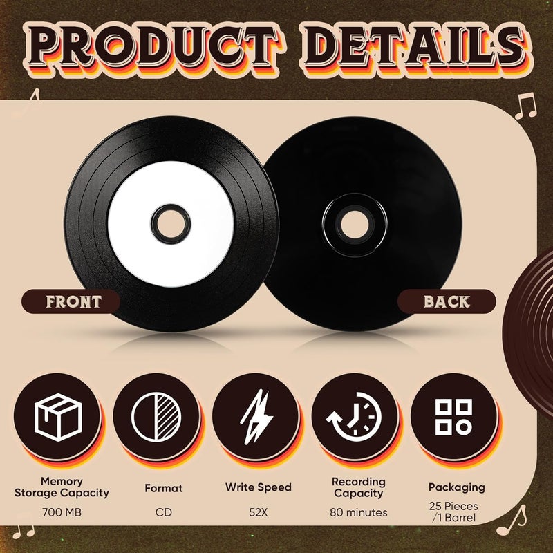 Singhoow 25 Pcs CD-R Blank Discs 700mb 80 Min 52x Vinyl Recordable Disc with White Inkjet Printable Center and Black Recording Surface for Music Data - Image 3